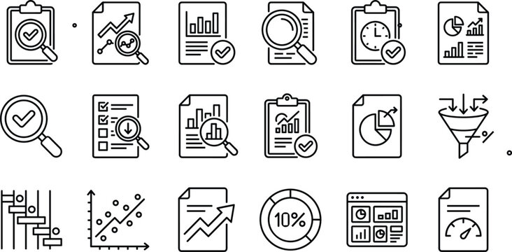 Business analytics and performance monitoring icon set with reports charts audit dashboard and data insights