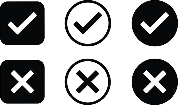Check mark and cross icon set with approval rejection validation status symbols collection