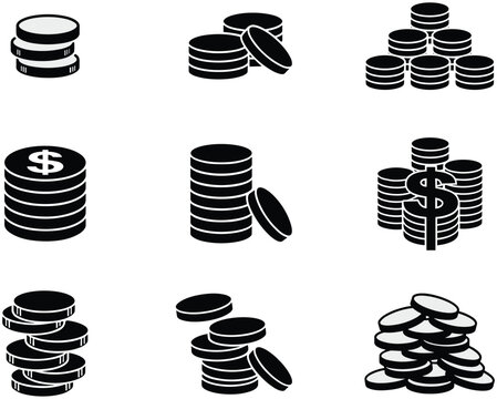Coin stack icon collection with money currency finance savings and investment symbol illustrations
