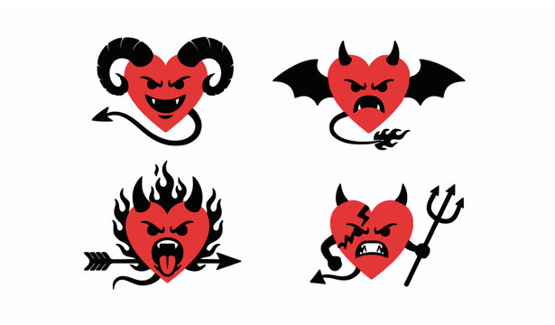 Rebellious devil heart icon vector set with gothic horns and Valentine graphics