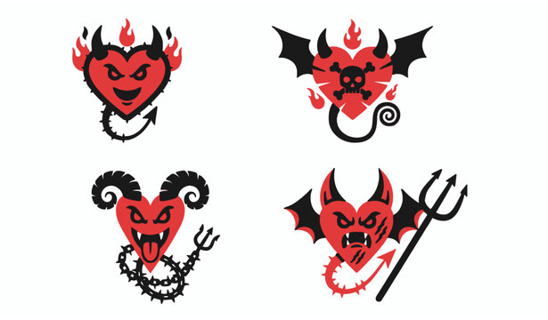 Devil heart icon vector set with horns and tail for edgy Valentine design