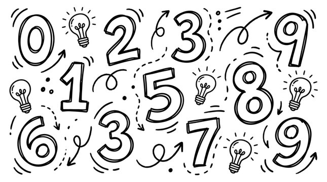 Doodle Numbers With Lightbulbs Idea, Creativity, and Learning Concept