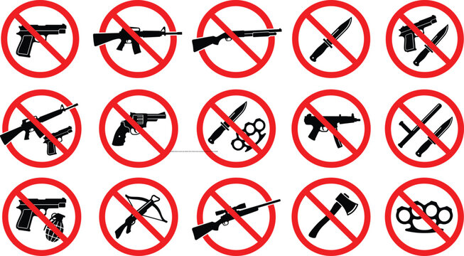 Prohibited weapons warning sign collection with no firearms knives and dangerous weapon restriction symbols