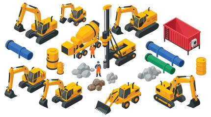 construction machinery set isometric vector illustration on white background © SERINA AKTHER