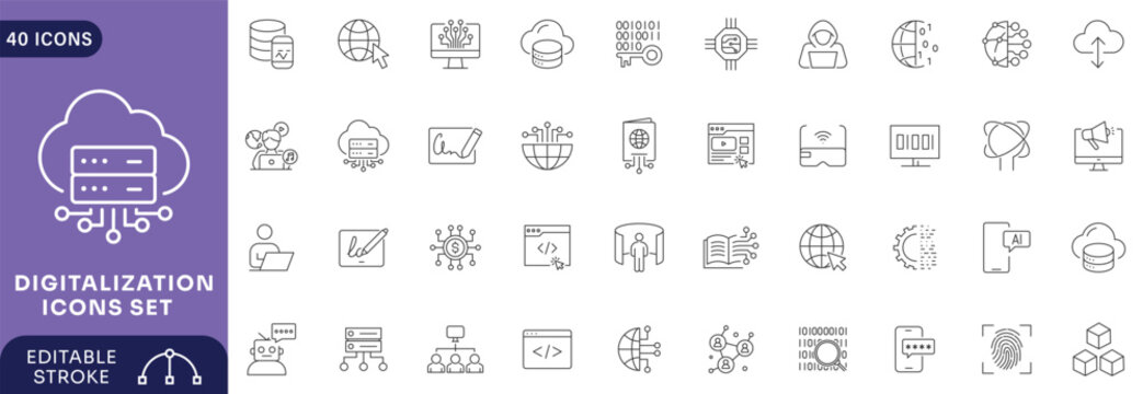 Digitalization icons set. Containing digital tech, digitalizing, virtual data embedded system, setting, technology. Editable stroke.