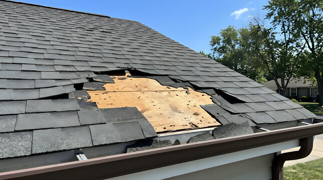 Damaged roof with missing shingles and exposed plywood under sunny blue sky