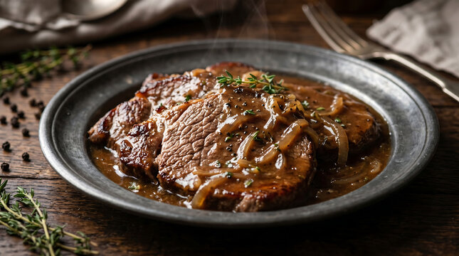 Traditional Scottish Collops &ndash; Close-Up of Classic Thinly Sliced Beef in Savory Onion Gravy