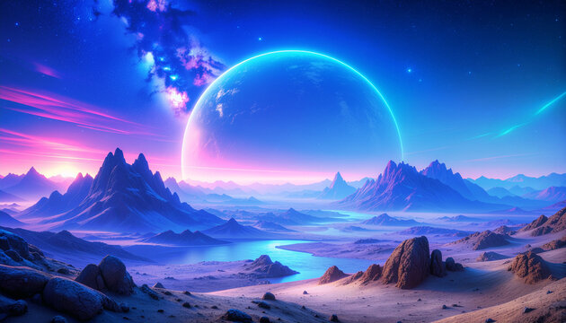 巨大惑星と山脈が広がる幻想的な異世界