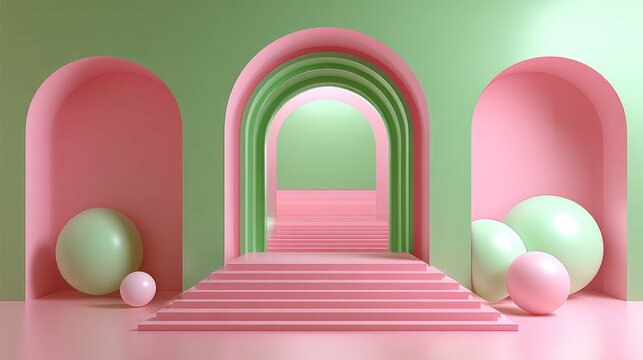 Symmetrical architectural composition featuring nested arches and spherical objects in soft pastel colors