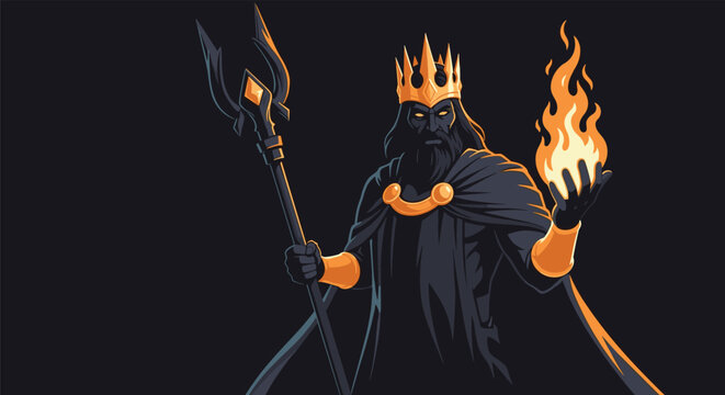 Powerful dark king wearing a golden crown and holding a mystical staff while controlling a magical flame in his hand.