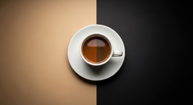 White cup of coffee on saucer against split color background brown