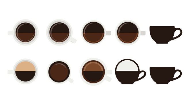 Top down view of ten different coffee cups showing various espresso and latte preparations alongside side profile views.
