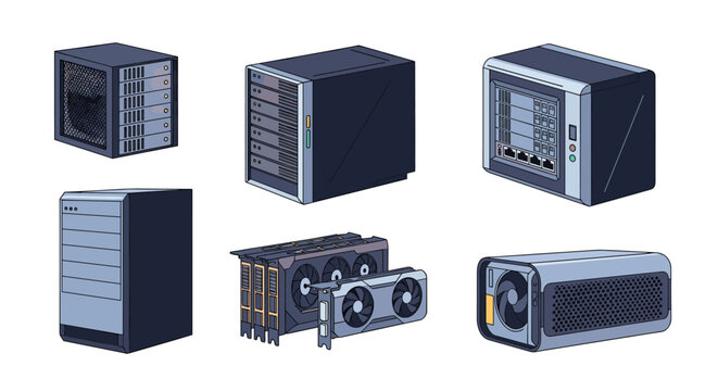 Group of computer server hardware units and high performance graphics cards illustrated in a modern blue and black vector art style.
