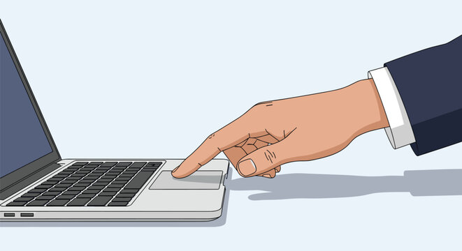 Close up view of a hand in a professional business suit using a laptop trackpad on a light blue background for office work concept.