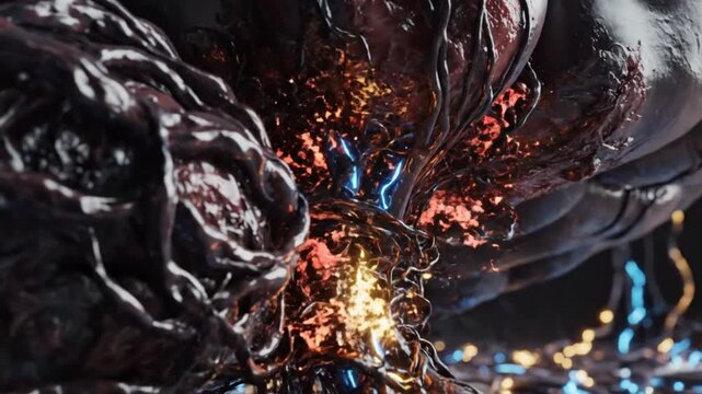 A dark, metallic creature emerges from a fiery explosion in a futuristic cityscape at night.