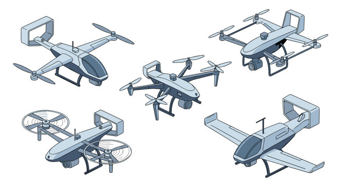 Assortment of modern drone models shows different designs like quadcopters and fixed wing UAVs for aerial surveillance and photography.