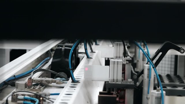 Close up of an automated industrial machine with pneumatic system and tubing. Factory automation and manufacturing equipment in production process.