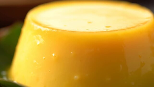 Close-up macro shot of vibrant yellow custard pudding or flan dessert, featuring a rich, smooth texture and glossy surface, served in a high-quality food photography setting