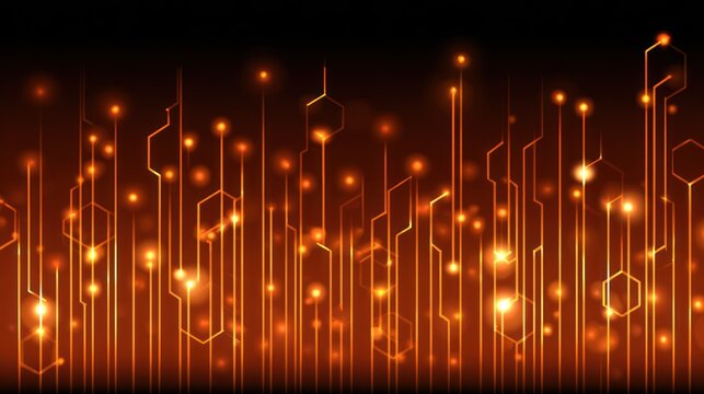 Glowing orange digital circuitry pulses across a dark background resembling an abstract data stream.