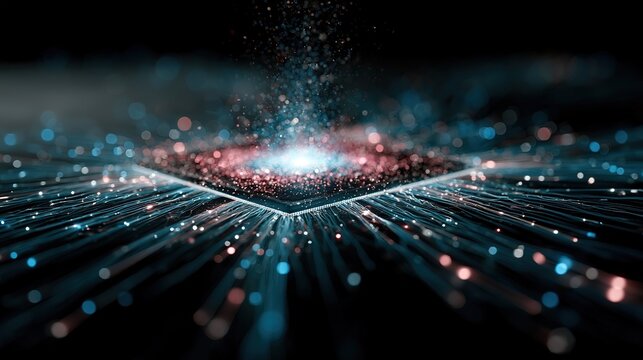 High‑angle close‑up futuristic abstract microchip backdrop on dark background, intensely glowing blue‑pink core with vertically rising particles, blue‑dominated linear light trails
