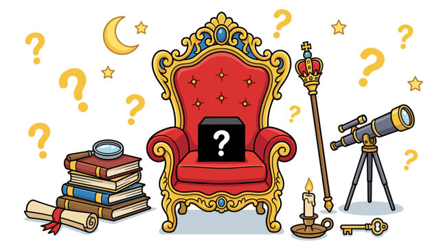 Royal throne with mystery box and symbols of knowledge and royalty