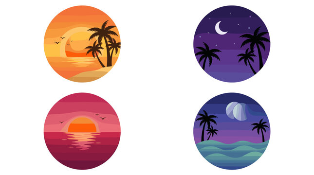 Tropical beach sunset and night scenes with palm trees and ocean waves in circular frames