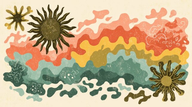 Abstract stylized representation displays layered wavy forms and celestial objects with a textured finish.