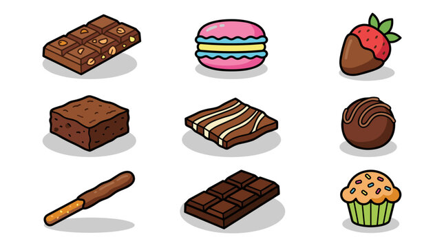 Collection of delicious sweet treats including chocolate bars macarons brownies and cupcakes