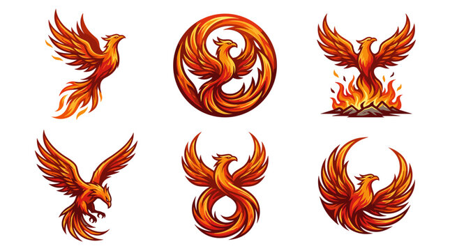 Collection of stylized phoenix bird illustrations in fiery orange and red colors