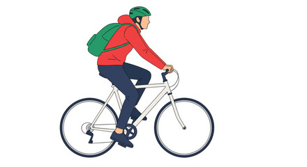 Fototapeta premium Side view illustration of a man with a helmet and green backpack riding a white bicycle for urban commuting against a white background.