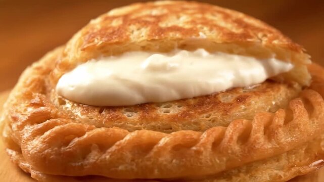 Macro shot of crispy golden fried dough (l&aacute;ngos or similar european street food) served with a generous dollop of white sour cream on top, focusing on texture and det