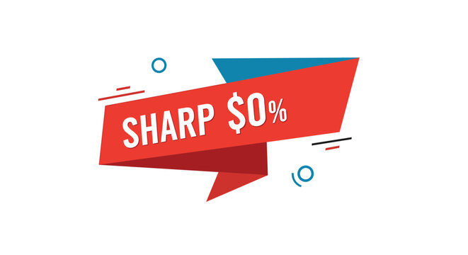Red and blue origami style ribbon banner displaying a sharp zero percent discount offer for special marketing promotional campaigns.