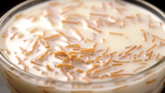 Close-up of traditional seviyan kheer or vermicelli pudding served in a glass bowl with a creamy milk base