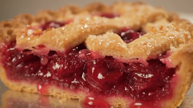 Delicious slice of cherry berry pie with golden lattice crust and coarse sugar sprinkles. extreme close-up of a classic baked dessert showcasing the rich, juicy fruit filling.