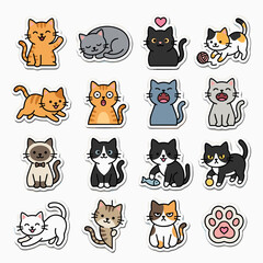 Fototapeta premium A collection of cute cartoon cat stickers featuring various poses and expressive faces in flat design