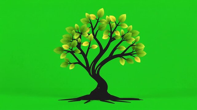 Animated white art tree expanding gracefully with blooming green leaves, sustainability and life cycle symbolism, clean conceptual nature growth animation, 4K video