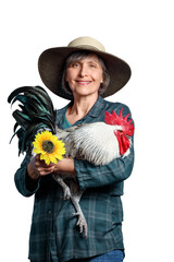 Smiling woman farmer holding a rooster and sunflower isolated on transparent background © Nathalie SITELLE