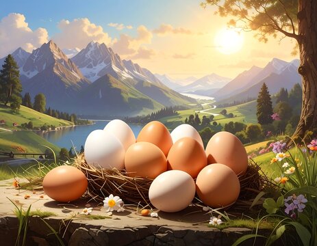 A nest of eggs rests on a stone, mountains and a lake in the background, a sunny day