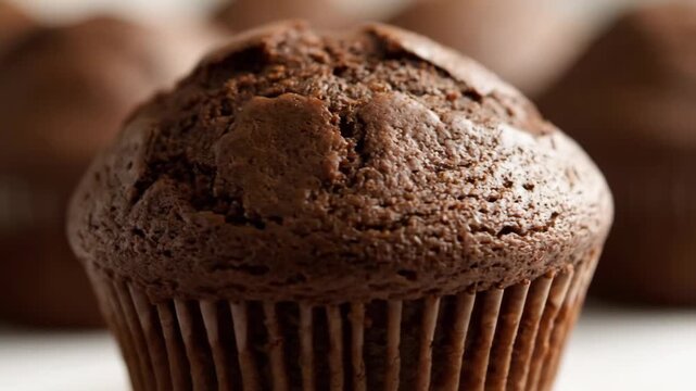 Extreme close-up of a freshly baked rich dark chocolate muffin, highlighting the textured top and moist crumbs. decadent homemade dessert or breakfast pastry in soft lighting.