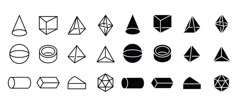 Geometric 3D shapes collection, 24 isometric vector icons in outline and solid styles, mathematical basic forms for education and design