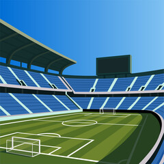 Modern football stadium with a green soccer field and blue spectator stands © farid