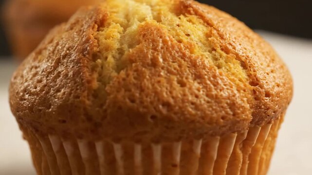 Extreme close up detail of golden brown freshly baked muffin surface and textured crust ready to eat