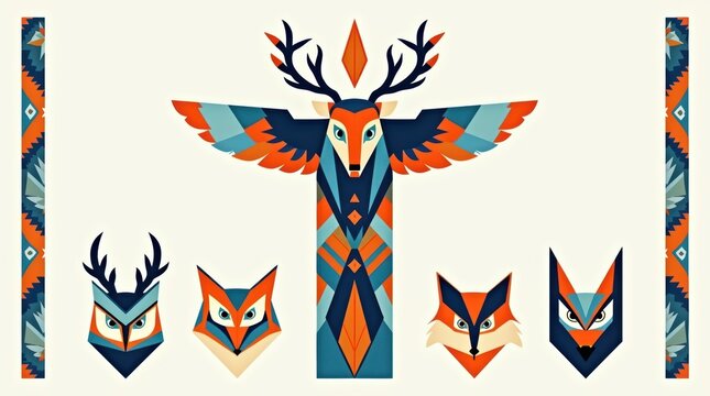 Colorful geometric totem pole design with deer and animal heads featuring tribal patterns and abstract shapes for creative graphic projects