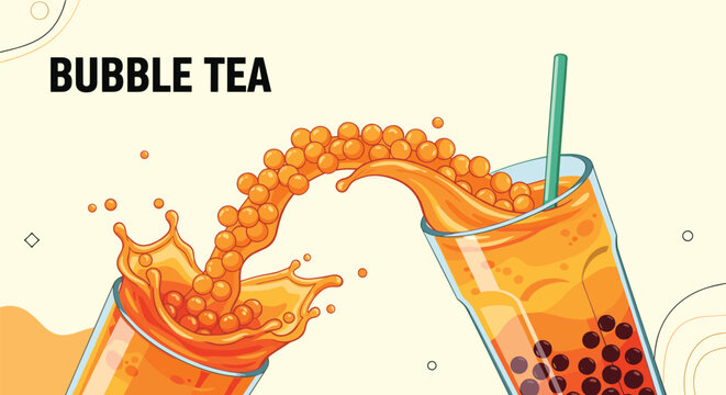 Dynamic illustration of bubble tea being poured with large splashing waves of liquid and dark tapioca pearls on a light yellow background.