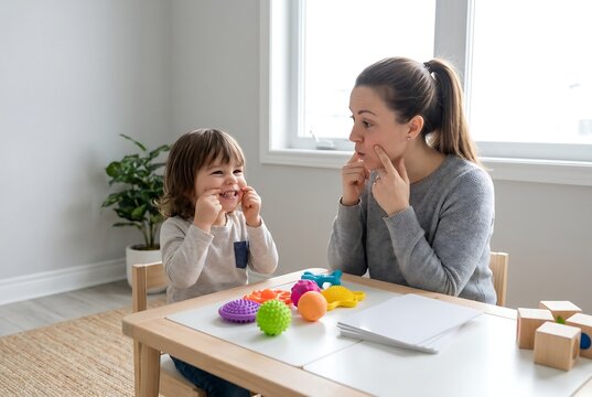 Speech therapist practicing oral motor exercises with child using colorful therapy tools