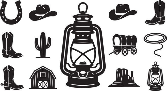 Western Cowboy Icons and Symbols Illustration Set