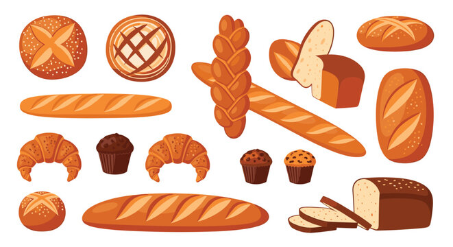 Variety of fresh bakery items including diverse types of bread loaves, croissants, and delicious chocolate muffins.