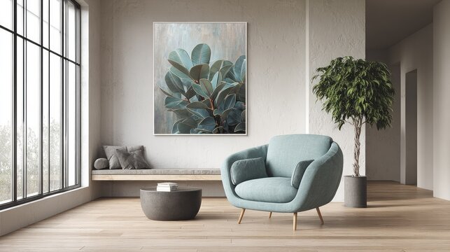 Modern interior living space features comfortable seating and natural light from a large window