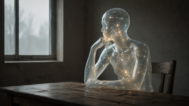 Abstract depiction of a translucent human figure composed of light and energy, contemplating in solitude at a wooden table by a window, symbolizing thought and introspection