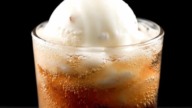 Refreshing vanilla ice cream float in a glass with bubbling dark soda. root beer float close-up on black background.